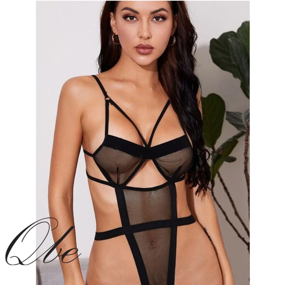 2 sets QBE Mesh Cut-out High Leg Teddy Bodysuit